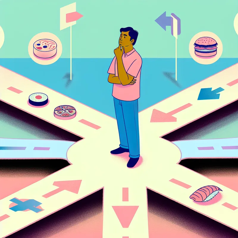 Illustratie van een persoon die aan een kruispunt staat met verschillende paden gemarkeerd door eetopties zoals pizza, sushi en hamburgers.
