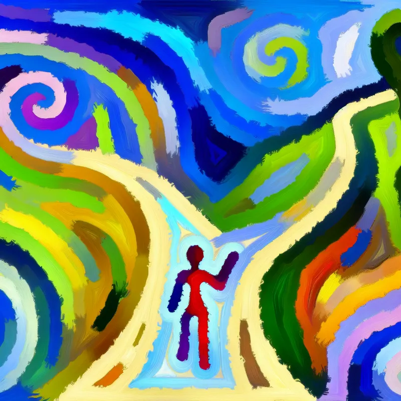 Abstracte afbeelding van een persoon die op een kruispunt staat, met twee paden in een levendig en kindachtig landschap.