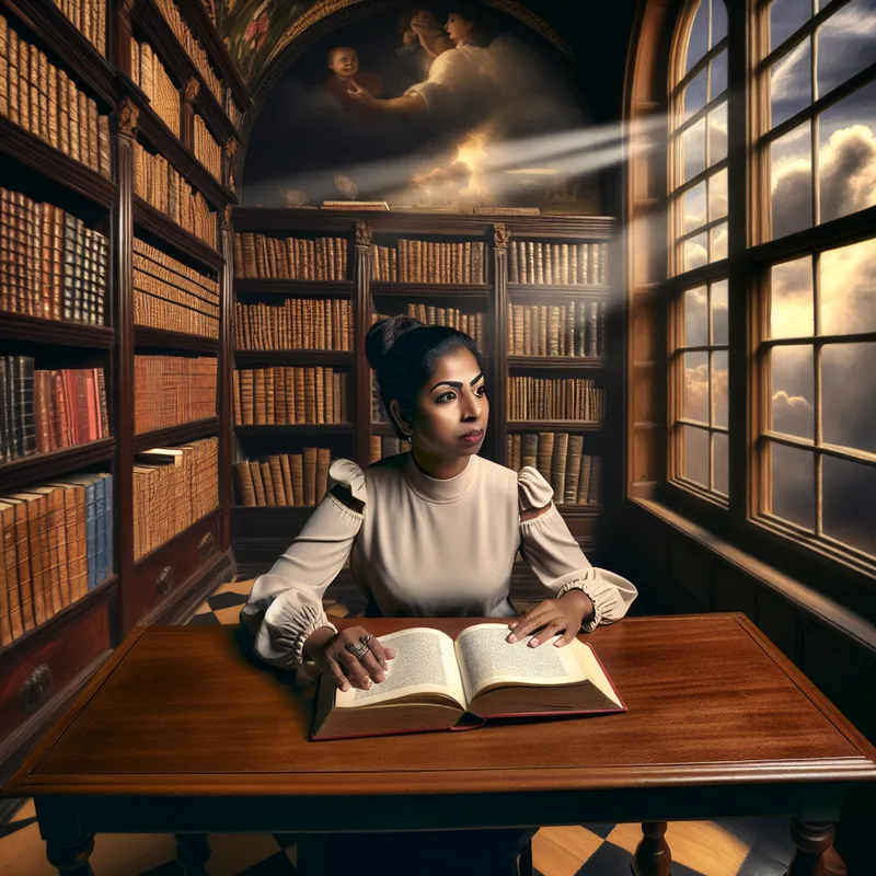 Persoon leest een boek aan een houten bureau in een gezellige bibliotheek