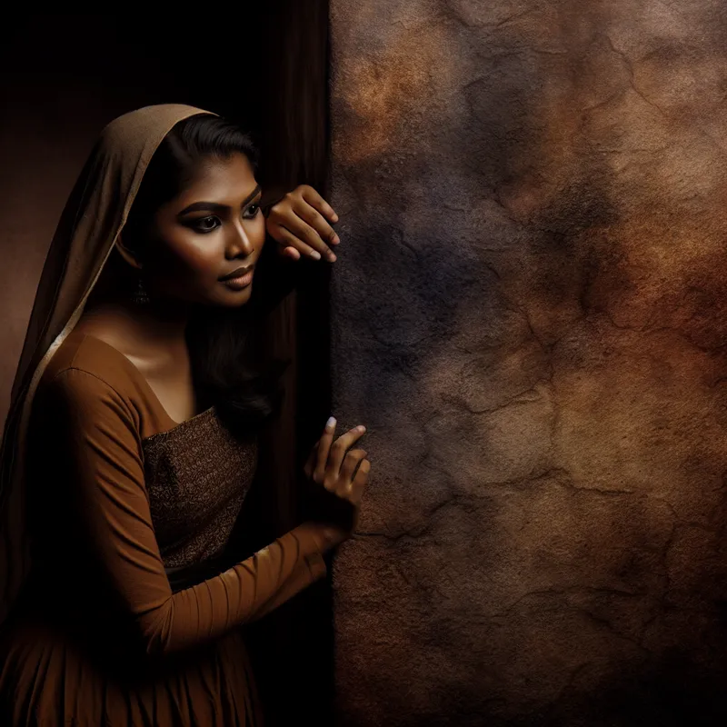 Een persoon leunt tegen een gestructureerde stenen muur in een dramatische licht-donker sfeer, wat de uitdrukking 'Hij leunt tegen de muur' belichaamt.