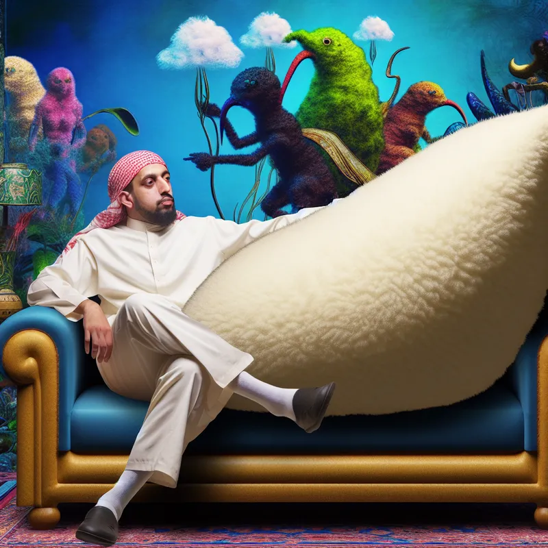 Een surrealistisch beeld van een persoon die ontspannen op een bank ligt met een enorm, fluffy kussen, omringd door vreemde wezens en droomachtige planten.