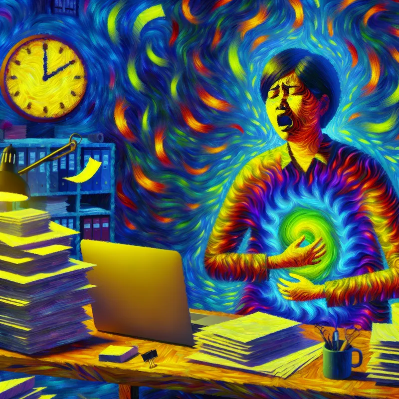 Een persoon zit aan een rommelig bureau, omringd door documenten en een laptop, met een gezicht van frustratie en een maag die straalt van kwelling door stress.