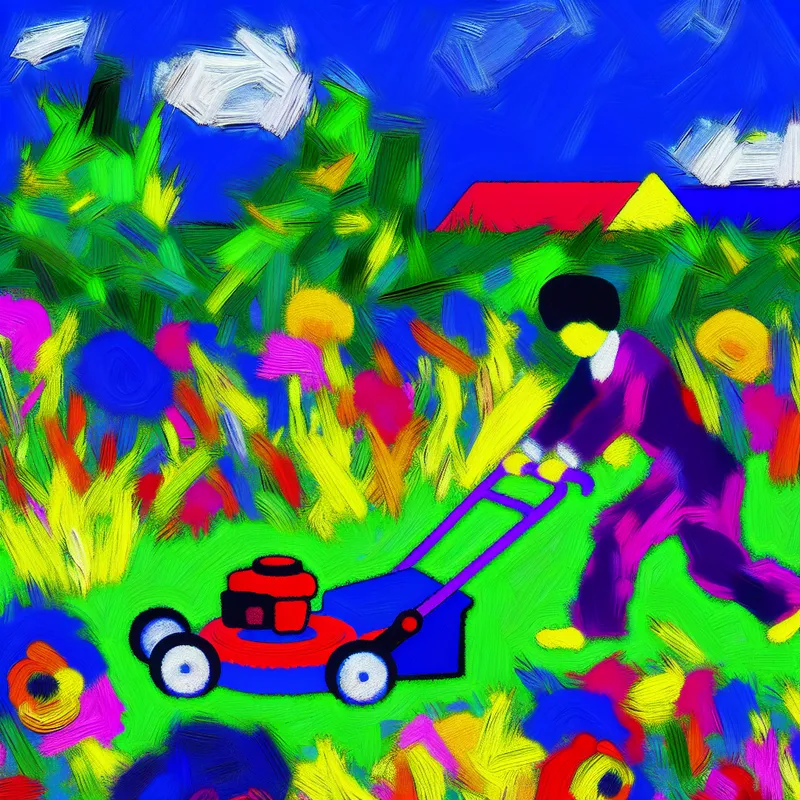 Een persoon maait gras in een zonnige tuin, omgeven door kleurrijke bloemen onder een heldere blauwe lucht.