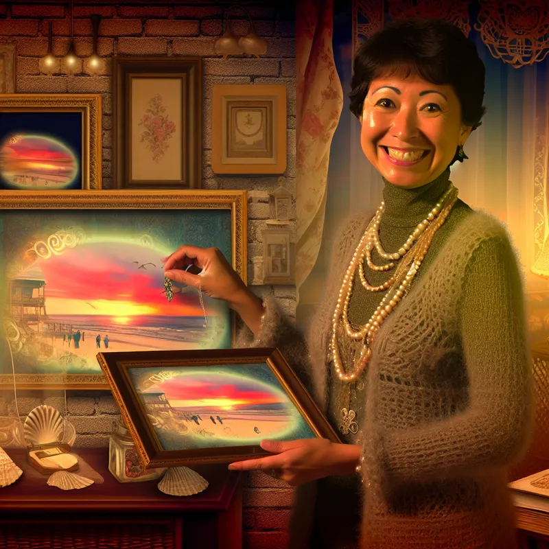 Illustratie van een persoon die glimlachend een foto vasthoudt van een zonsondergang op het strand in een gezellige kamer, met vintage decor.