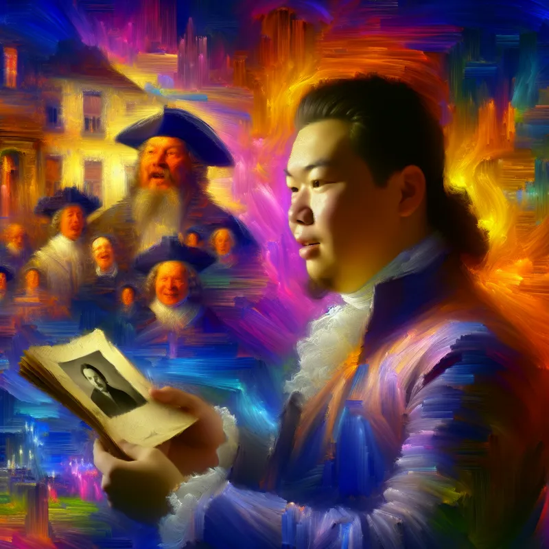 Een persoon bekijkt een oud fotografisch beeld, omringd door levendige kleuren en schaduwachtige figuren die herinneringen oproepen.