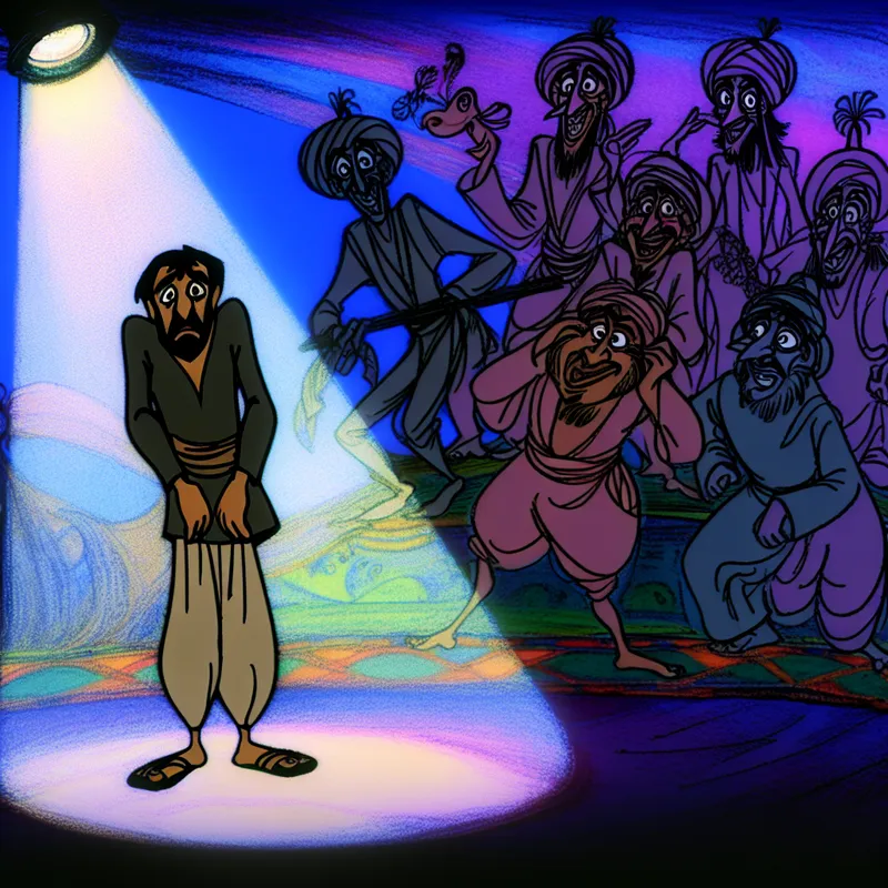 Een cartoonfiguur staat nerveus aan de rand van het podium, omringd door zelfverzekerde performers, met een schaduw over hun angstige gezicht.