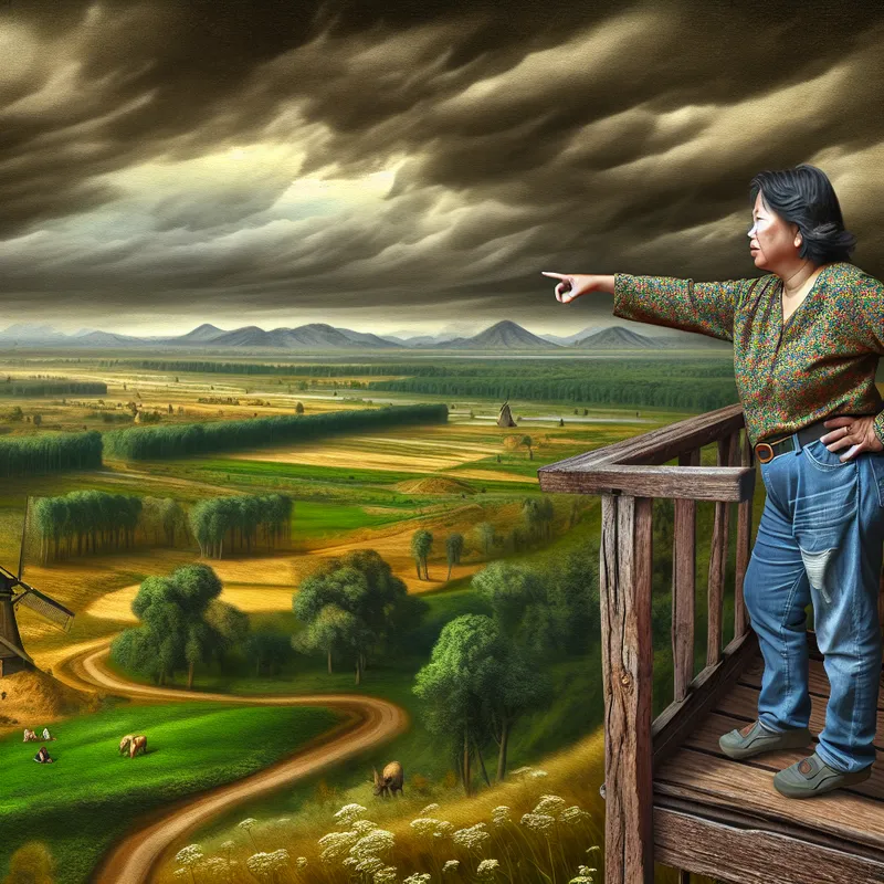 Een persoon die geconcentreerd uitkijkt vanaf een toren naar een weids landschap met glooiende heuvels en een dramatische lucht.