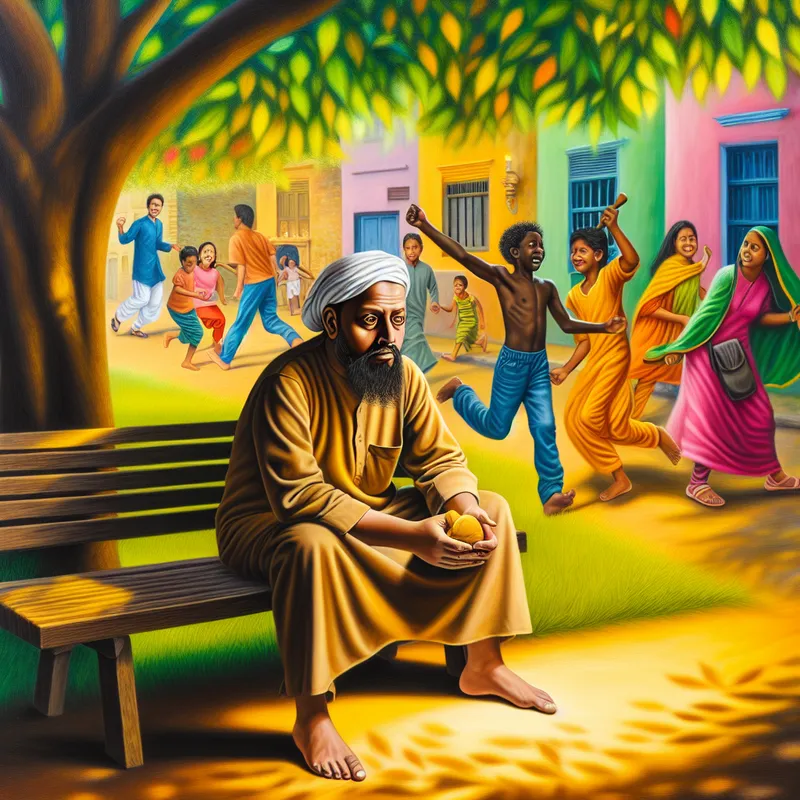 Een persoon zit alleen op een parkbank onder een boom, verloren in gedachten, met een melancholische uitdrukking, terwijl kinderen spelen en een stel hand in hand wandelt.