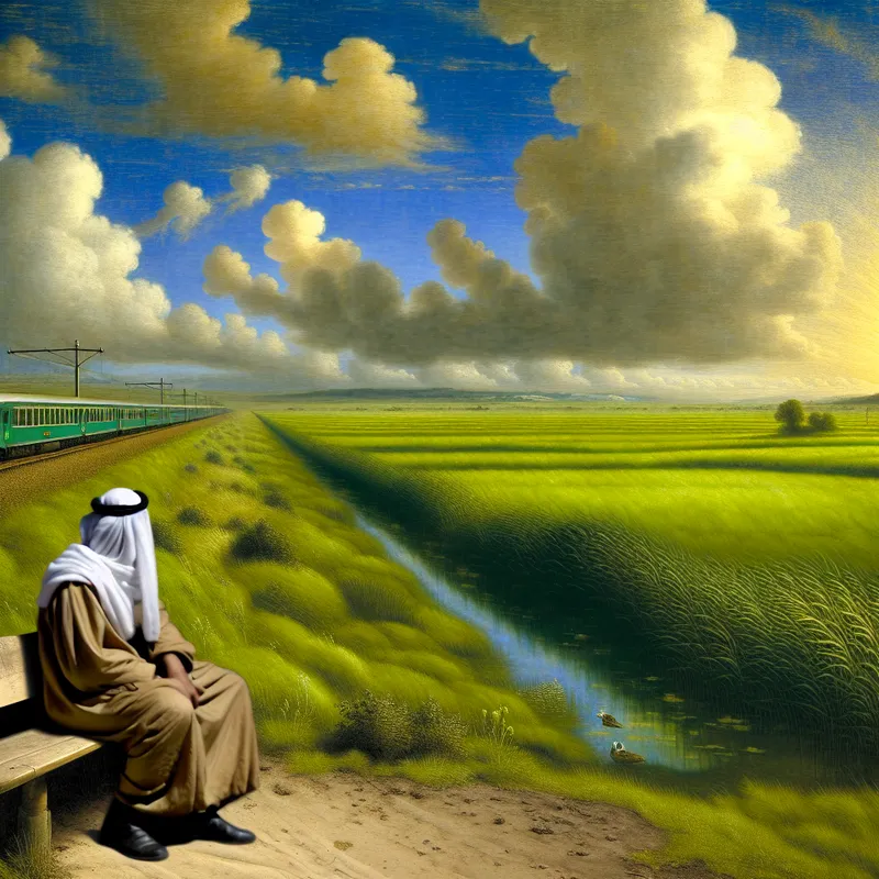 Een persoon zit op een bank bij een treinstation, starend in de verte terwijl ze rustig wachten.