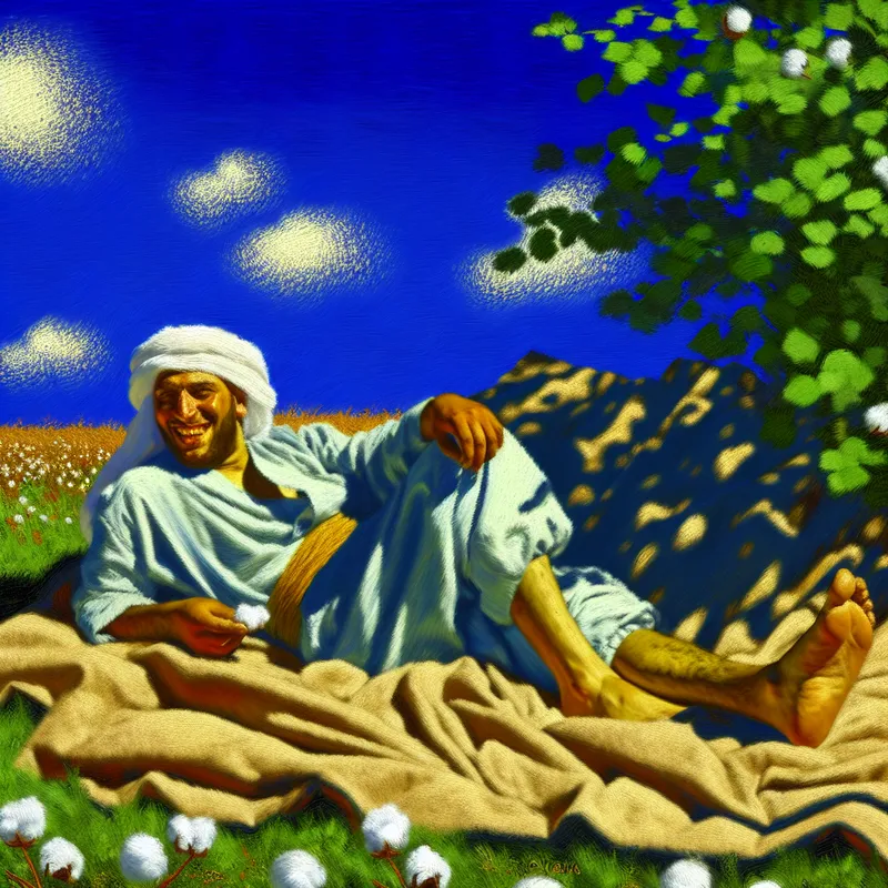 Een persoon ligt ontspannen op een zacht katoenen deken in een groene tuin onder een heldere blauwe lucht.