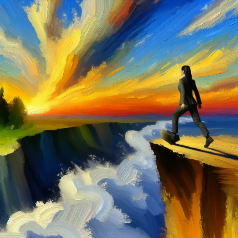 Persoon op een klif bij zonsondergang, met een serene uitstraling, terwijl stormclouds verdwijnen, symboliserend de bevrijding van zorgen.