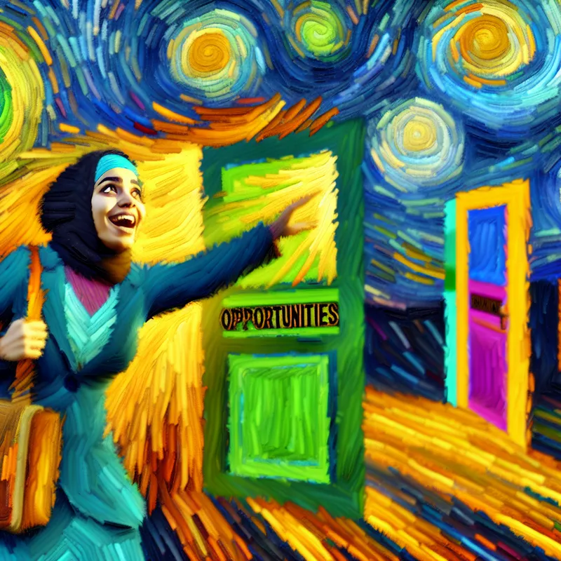 Een persoon staat op een kruispunt, vol enthousiasme, met kleurrijke deuren van kansen om hen heen.