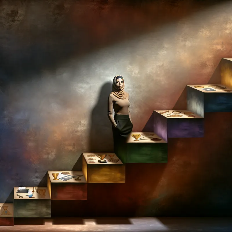 Een trotse persoon staat bovenaan een trap die verschillende niveaus van succes vertegenwoordigt, verlicht door warm licht.