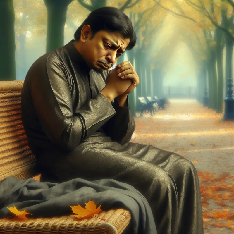 Persoon zittend op een bankje in het park, met een trieste uitdrukking en handen samengevouwen, omringd door herfstbladeren.