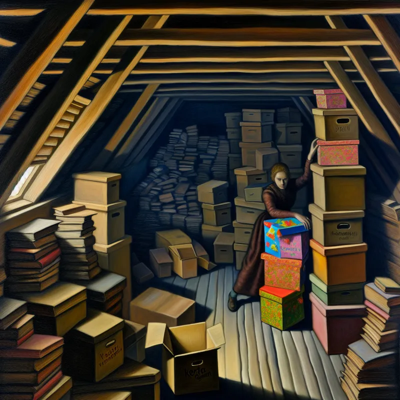 Een persoon plaatst een kleurrijke doos met het label 'Kerstversiering' op een stapel dozen in een donkere zolder vol stof en oude boeken.