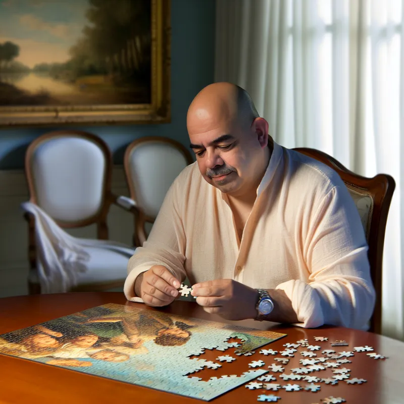 Een persoon die geconcentreerd een puzzel oplost aan een houten tafel, met puzzelstukken verspreid om hem heen.