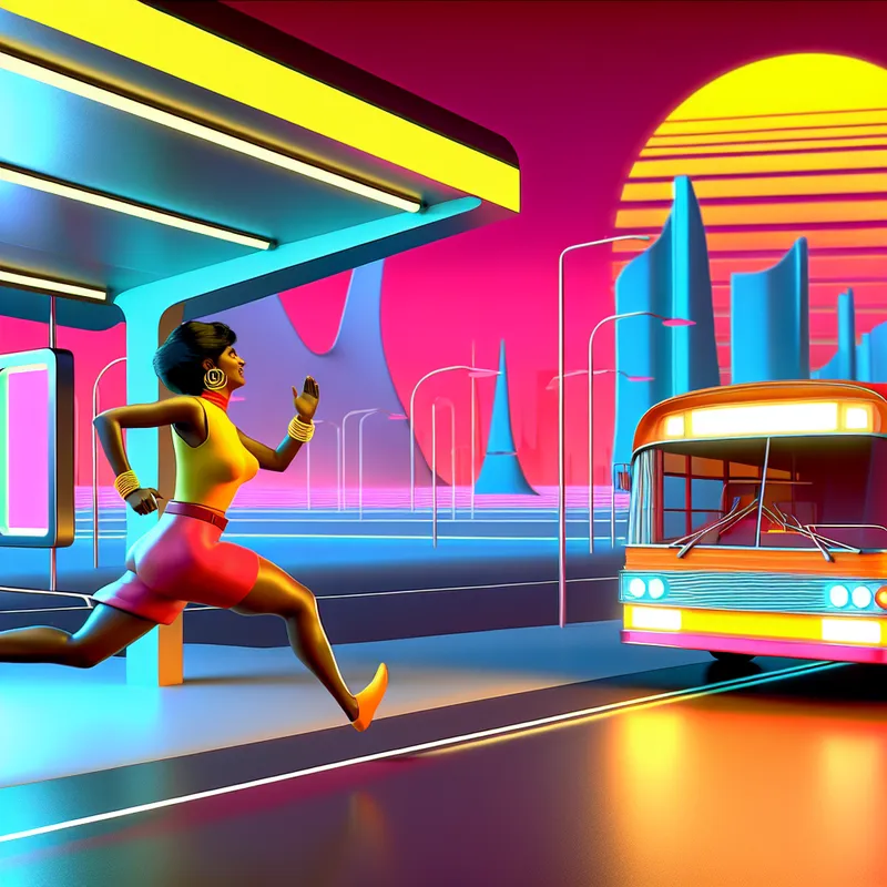 Een persoon rent met hoge snelheid naar een kleurrijke bus bij een futuristisch busstation, met een dringende uitdrukking op zijn gezicht.