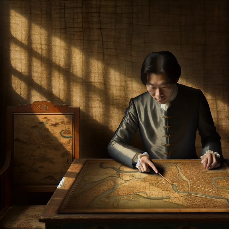 Een persoon bestudeert geconcentreerd een gedetailleerde kaart op een antieke houten tafel, met zonlicht dat zachtjes door een nabijgelegen raam valt.