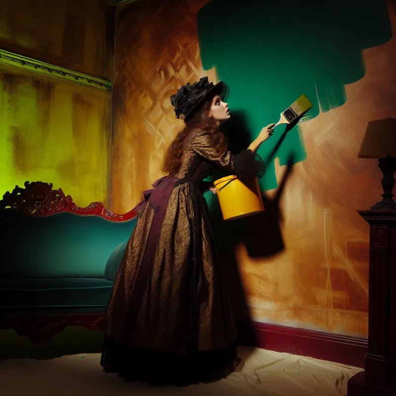 Een persoon schildert een woonkamer muur met een grote borstel in een dramatische gothic setting.