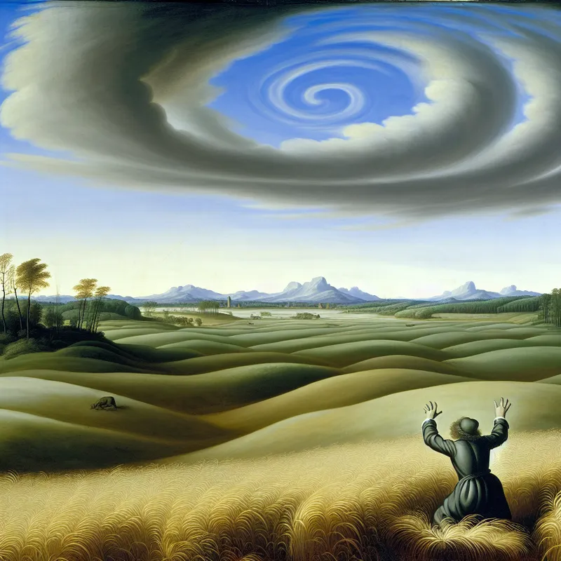 Een persoon staat in een uitgestrekt veld, zoekend en verontrust, met lege handen omhoog, onder een dramatische lucht.