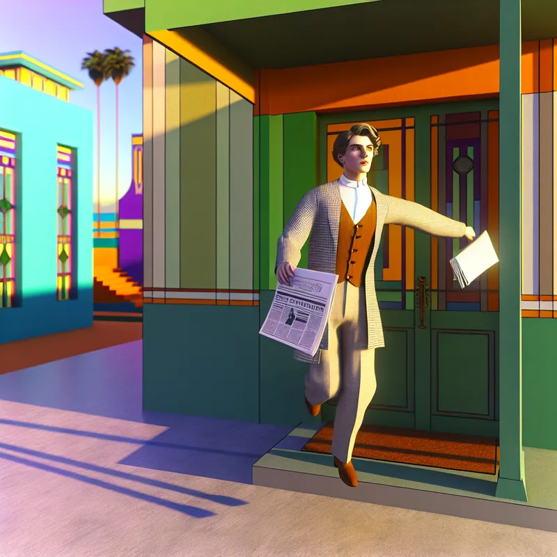 Een persoon stapt uit een modern huis om een krant te halen in een retro-futuristische omgeving.