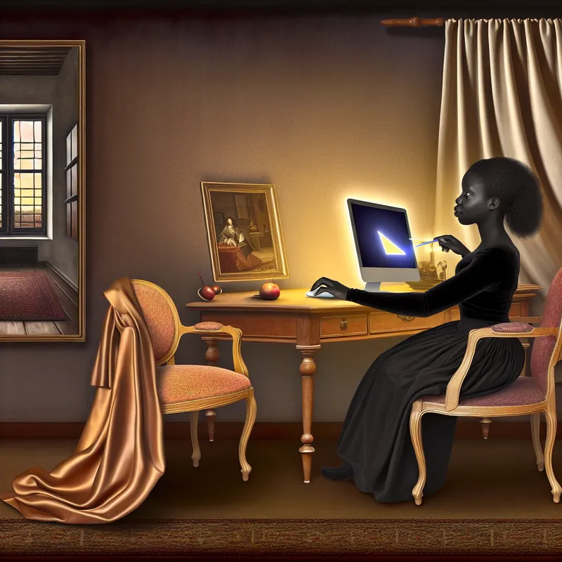 Een persoon aan een houten bureau start een computerapplicatie in een zacht verlichte kamer.