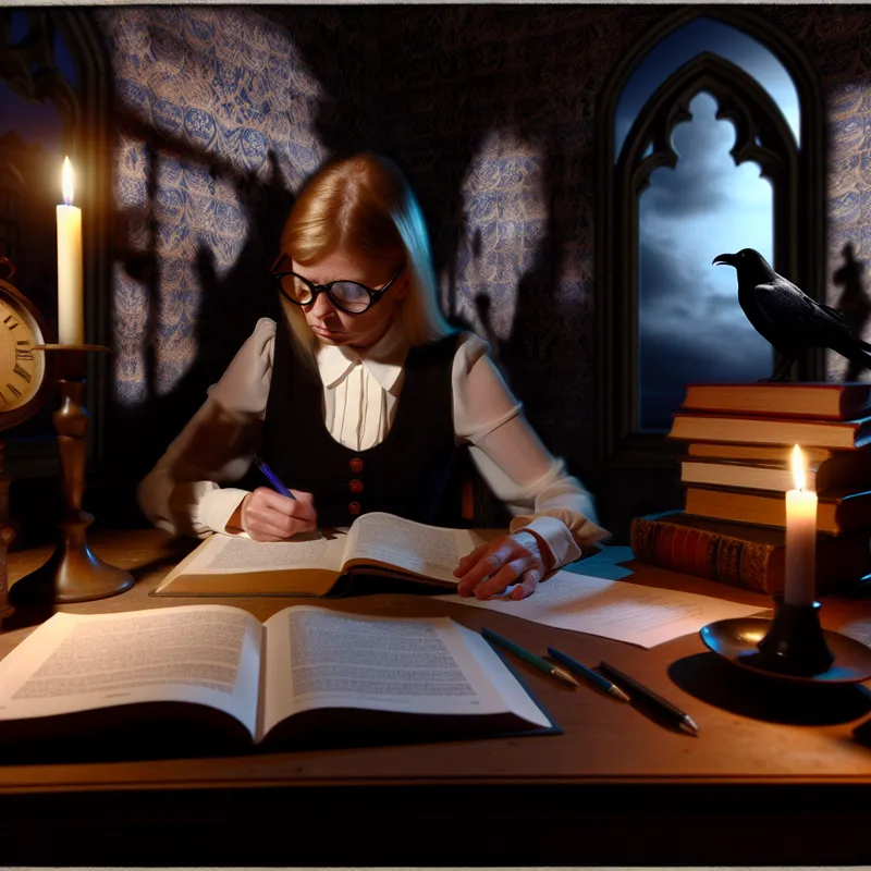 Een persoon die gefocust studeert in een dim verlichte kamer, omringd door boeken, aantekeningen en een brandende kaars.