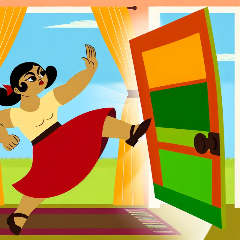 Minimalistische illustratie van een persoon die energiek een felgekleurde deur opent met een schop.