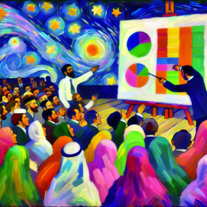 Een persoon staat voor een publiek en wijst enthousiast naar een groot canvas met kleurrijke grafieken en diagrammen, omgeven door een sterrenhemel in de stijl van Van Gogh.