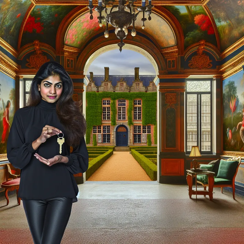 Een persoon staat trots voor hun prachtig ontworpen huis in barokstijl, met een warme, uitnodigende sfeer en opvallende kleuren.