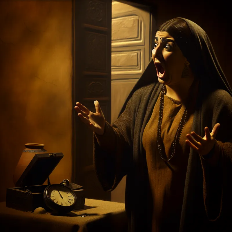 Een persoon met een uitdrukking van verbazing en frustratie in een slecht verlichte kamer, met een gebroken klok op de tafel.
