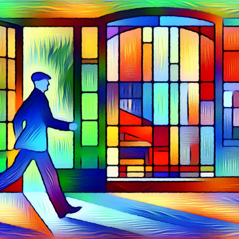 Een kleurrijke illustratie van een persoon die naar een groot venster loopt, in een retro-futuristische stijl.