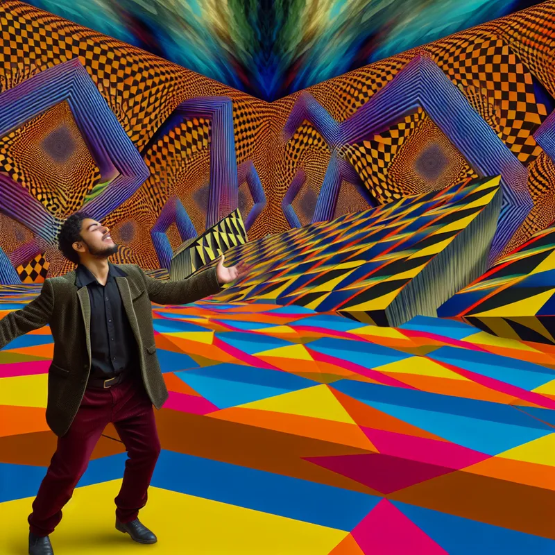 Persoon die een verhaal vertelt in een surrealistisch geometrisch landschap met vloeiende patronen en creatieve symbolen.