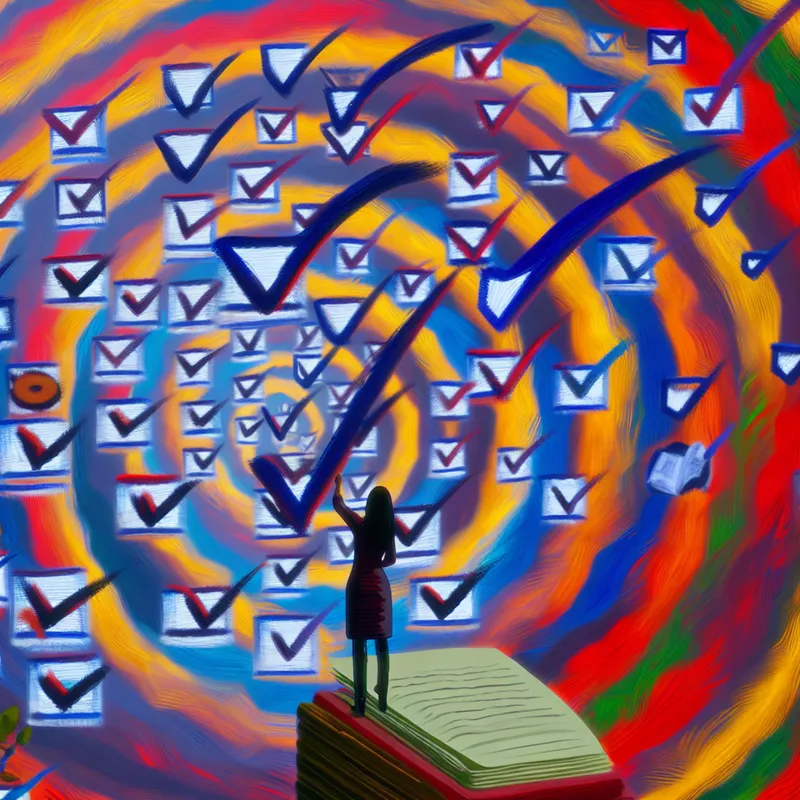 Abstract expressionistische afbeelding van een persoon die een kleurrijke boodschappenlijst afvinkt met dynamische penseelstreken.