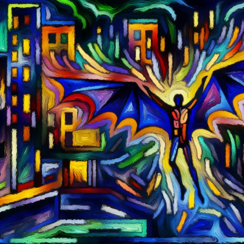 Abstracte kunst van een persoon afgebeeld als een vleermuis in een levendige stadsnacht met neonlichten.