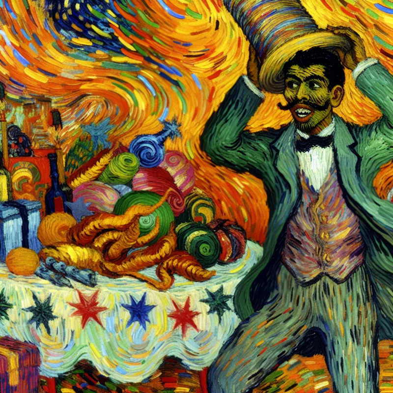 Een persoon die zich voorbereidt op een feestje met een partyhoed, omringd door dure decoraties en cadeaus, in een levendige en feestelijke omgeving.