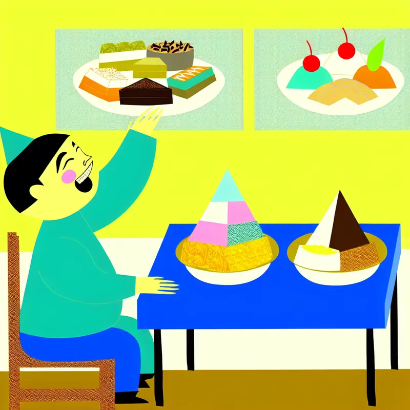 Een persoon met een blije uitdrukking zit aan een tafel met twee borden; één met kleurrijke zoetigheden en de ander met saaie hartige gerechten, terwijl ze naar het dessert reiken.