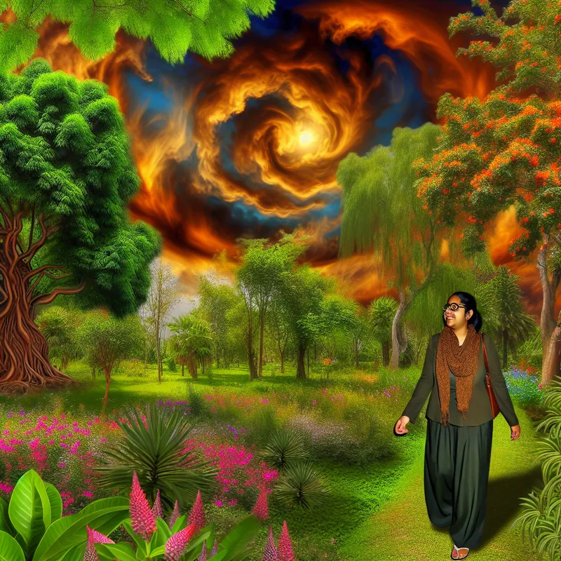 Een persoon loopt door een groen park, omringd door bomen en bloemen, terwijl ze genieten van de natuur na een vergadering.