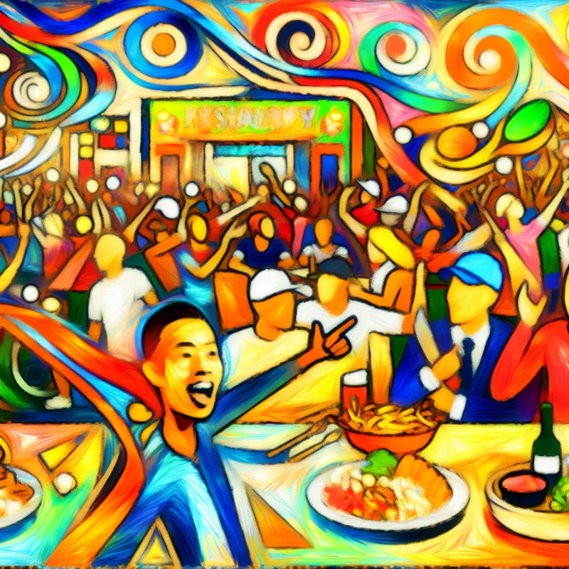 Abstracte afbeelding van een persoon die wijst naar een levendige restaurantscène vol kleurrijke figuren en gerechten.