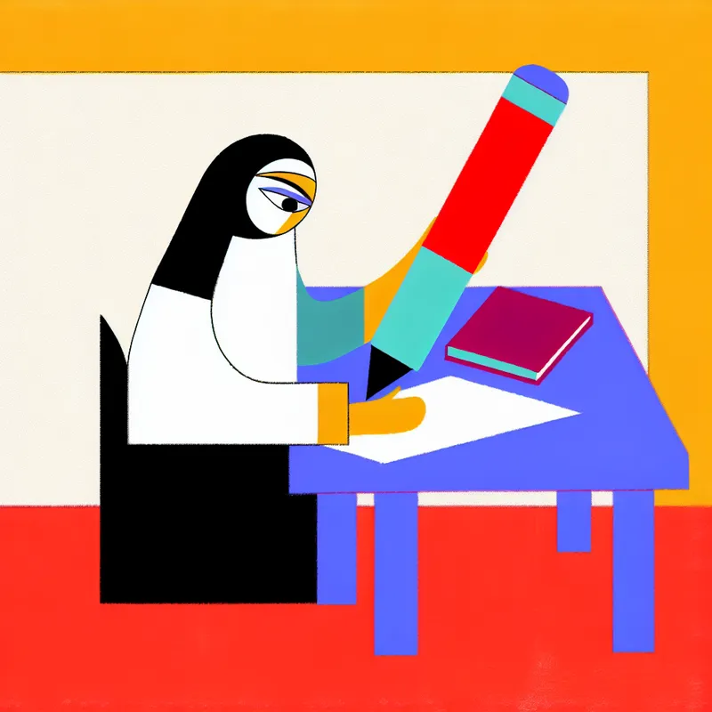 Een persoon zit aan een bureau met een kleurrijke pen en schrijft in een notitieboek, in een minimalistische stijl.