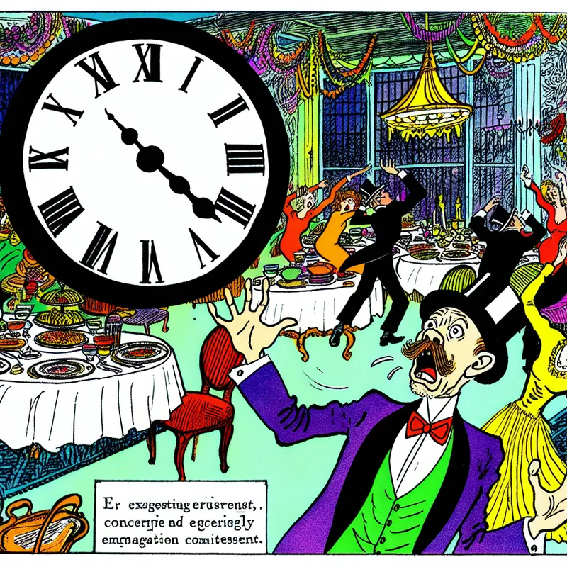 Een cartoon van een persoon met een bezorgde uitdrukking die naar een grote klok kijkt die een hele late tijd aangeeft, met een feestje op de achtergrond.