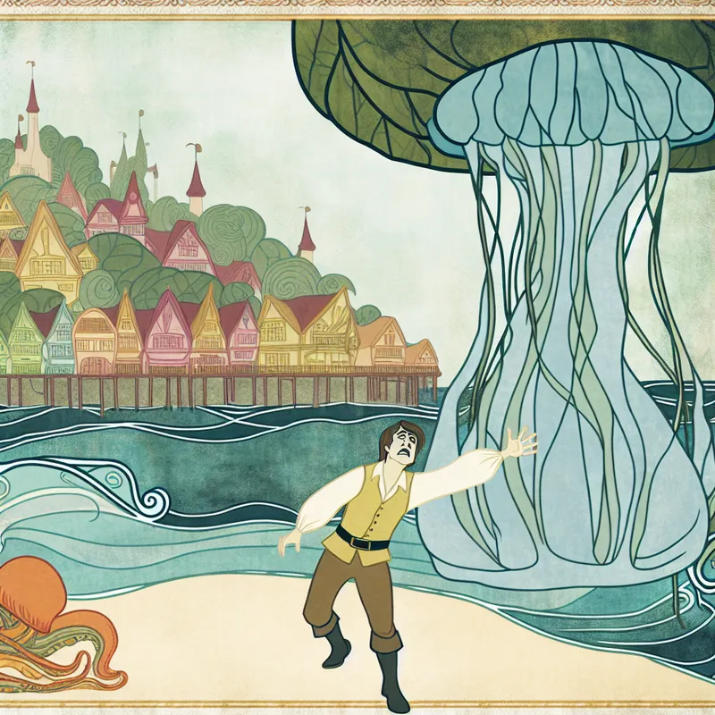 Een personage in een vintage landschap voelt zich gefrustreerd terwijl het een grote kwal vasthoudt.