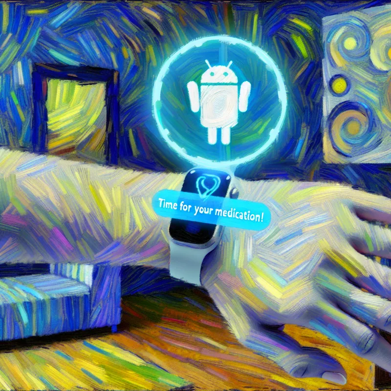Digitale illustratie van een Persoonlijk Assistent Systeem (PAS) in Van Gogh-stijl met holografische herinnering voor medicatie op een pols