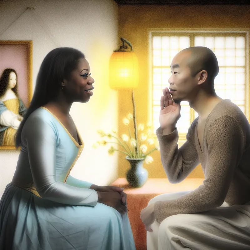 Twee mensen in een intieme en serene setting, betrokken in een persoonlijk gesprek met open lichaamstaal en een warmere sfeer, die wederzijds begrip en verbinding uitstralen.