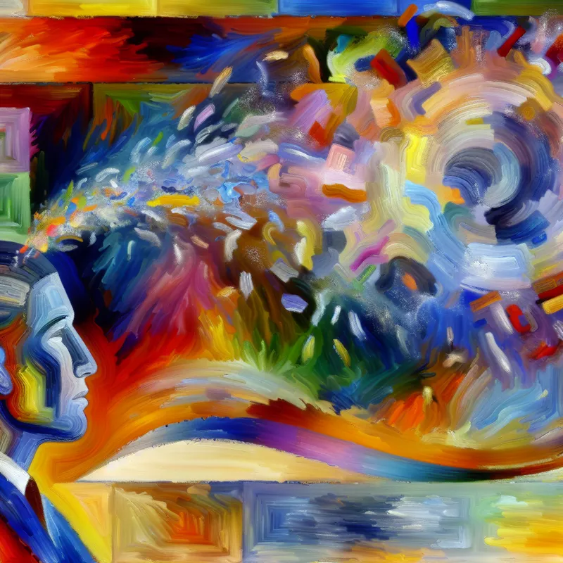 Abstracte afbeelding van een persoon die nadenkt, omringd door een turbulente mix van kleuren en vormen die ideeën en dromen uitbeelden.