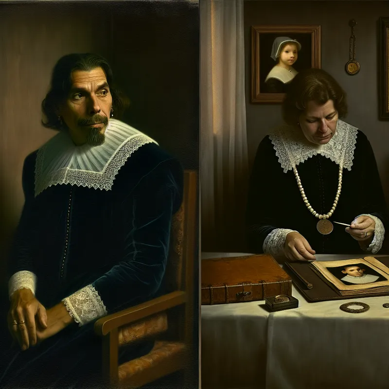 Intiem 17e-eeuws schilderij van een man met een bedachtzame blik in een donkere kamer, omringd door symbolen van zijn persoonlijke geschiedenis, terwijl een politieagent documenten onderzoekt