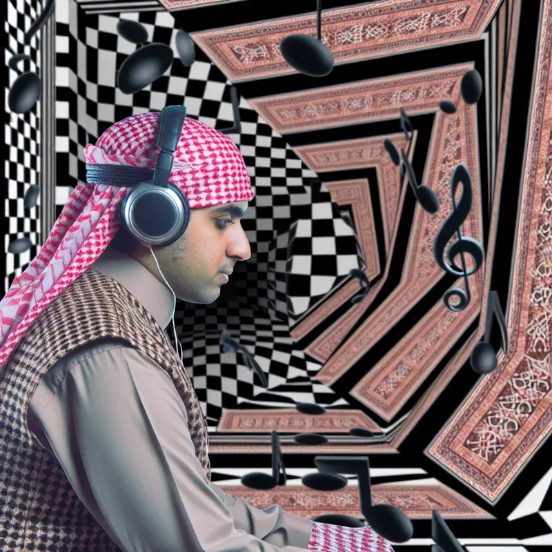 Persoon met koptelefoon in Escher-achtige kamer met geometrische vormen en muzikale noten