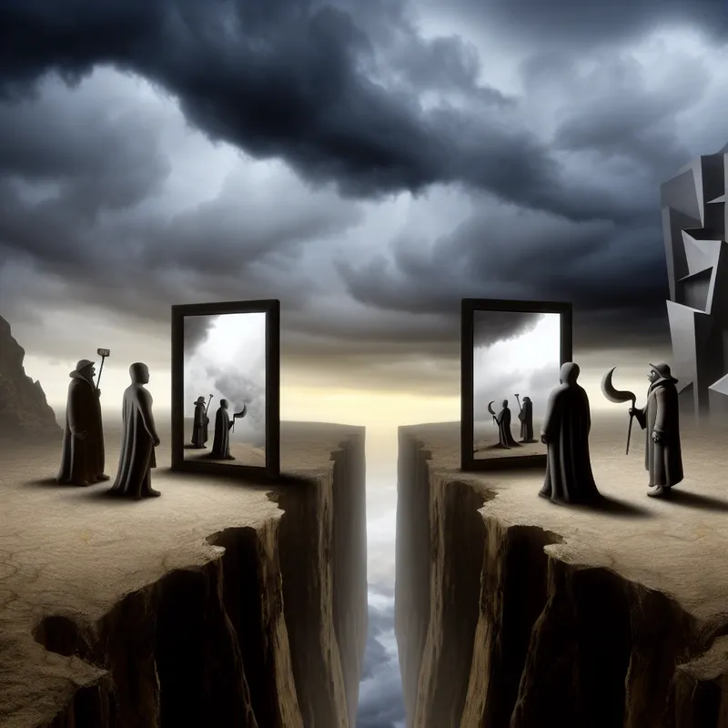 Twee figuren staan aan weerszijden van een diepe kloof, elk met een spiegel die een verschillend beeld van hetzelfde verleden toont, symboliserend voor persoonlijke overtuigingen en waarheid