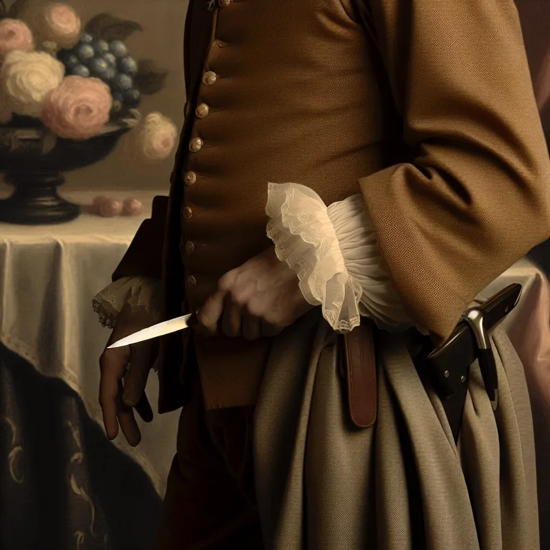 Personage in historische kleding past een mes aan bij zijn riem in een sfeervol interieur.