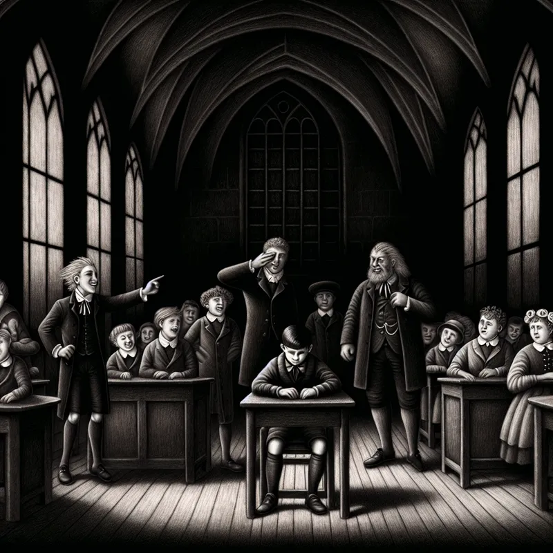 Een geïllustreerde scène van een jongen die door zijn klasgenoten wordt gepest in een schemerige klaslokaal.